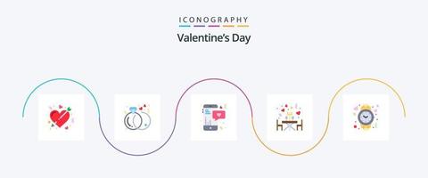 paquete de iconos flat 5 del día de san valentín que incluye corazón. romántico. anillos restaurante. texto vector