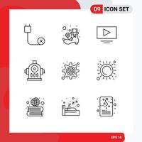 User Interface Pack of 9 Basic Outlines of css gear cog video cascading hydrant Editable Vector Design Elements