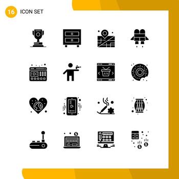 Set of 16 Vector Solid Glyphs on Grid for gun web location video jetpack Editable Vector Design Elements
