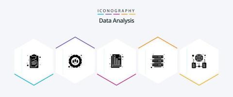 paquete de iconos de 25 glifos de análisis de datos que incluye todo el mundo. informe. administración. base de datos. grafico vector