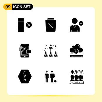 paquete de línea de vector editable de 9 glifos sólidos simples de promoción social de negocios eliminar elementos de diseño de vector editable de usuario social