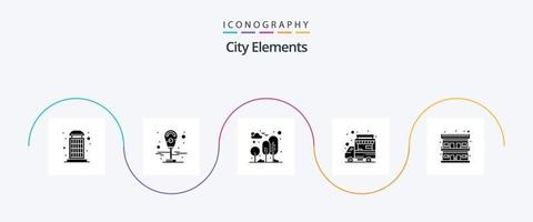 paquete de iconos de glifo 5 de elementos de la ciudad que incluye alojamiento. puesto de comida. jardín. camión. auto vector