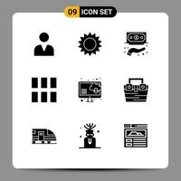 Pictogram Set of 9 Simple Solid Glyphs of computer layout funding image editing Editable Vector Design Elements