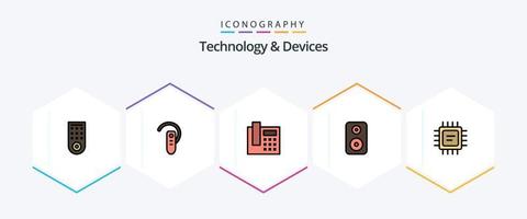 paquete de iconos de 25 dispositivos de línea completa que incluye . pastilla. teléfono. UPC. altavoz de graves vector