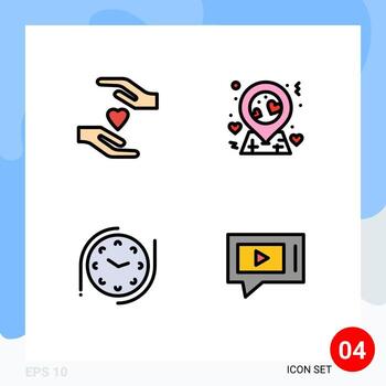 4 User Interface Filledline Flat Color Pack of modern Signs and Symbols of care chat location clock video Editable Vector Design Elements