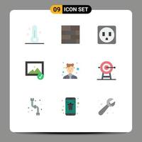 9 User Interface Flat Color Pack of modern Signs and Symbols of work female electric catering selected Editable Vector Design Elements