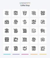Paquete de iconos de 25 contornos de la cafetería creativa, como el café. bebida. pastel. café. frijol