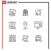 Mobile Interface Outline Set of 9 Pictograms of sky cloud hotel balloon water Editable Vector Design Elements