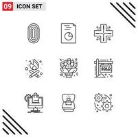 Modern Set of 9 Outlines Pictograph of gift flowers map bouquet fire Editable Vector Design Elements