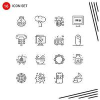 Modern Set of 16 Outlines Pictograph of contact call vegetables tv aspect ratio Editable Vector Design Elements