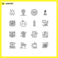 Pack of 16 Modern Outlines Signs and Symbols for Web Print Media such as ocean light molecule house science Editable Vector Design Elements