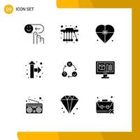 Pack of 9 Modern Solid Glyphs Signs and Symbols for Web Print Media such as flow right up box pointer wedding Editable Vector Design Elements