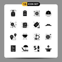 Pack of 16 Modern Solid Glyphs Signs and Symbols for Web Print Media such as candies sunset money sun return Editable Vector Design Elements