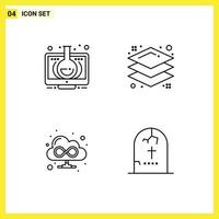 Set of 4 Modern UI Icons Symbols Signs for elearning cloud monitor layer death Editable Vector Design Elements