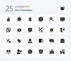 paquete de iconos de 25 glifos sólidos de transmisión de virus que incluye devirus. ciencia. bacteriano. laboratorio. biografía vector