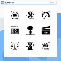 Pictogram Set of 9 Simple Solid Glyphs of interior bar page writer notebook Editable Vector Design Elements