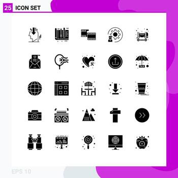 grupo de 25 signos y símbolos de glifos sólidos para el desarrollo de herramientas de procesos concretos que codifican elementos de diseño de vectores editables