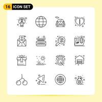 Mobile Interface Outline Set of 16 Pictograms of proposal mail nature zipper heart Editable Vector Design Elements