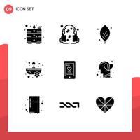Group of 9 Solid Glyphs Signs and Symbols for wedding love nature cell spa Editable Vector Design Elements