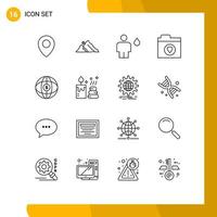 Pack of 16 creative Outlines of globe folder avatar files human Editable Vector Design Elements