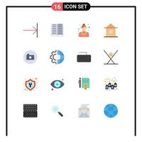 16 User Interface Flat Color Pack of modern Signs and Symbols of camera hut employee house building Editable Pack of Creative Vector Design Elements