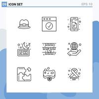 Universal Icon Symbols Group of 9 Modern Outlines of celebration moon sheets time night Editable Vector Design Elements