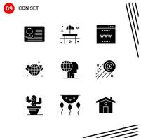 Group of 9 Modern Solid Glyphs Set for green globe sunshade earth seo Editable Vector Design Elements