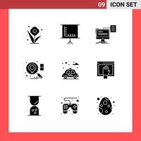 Group of 9 Modern Solid Glyphs Set for car city storage business location Editable Vector Design Elements