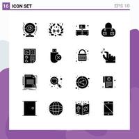 Set of 16 Vector Solid Glyphs on Grid for report document cabinet data bag Editable Vector Design Elements