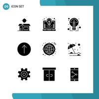 Set of 9 Vector Solid Glyphs on Grid for transfer globe creative up arrow Editable Vector Design Elements