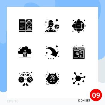 paquete de líneas vectoriales editables de 9 glifos sólidos simples de carga de datos jugando fútbol nube red elementos de diseño vectorial editables vector