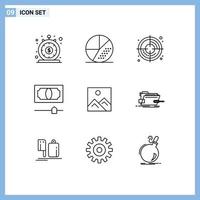 Mobile Interface Outline Set of 9 Pictograms of picture money search credit process Editable Vector Design Elements