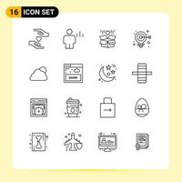 conjunto de 16 iconos de interfaz de usuario modernos signos de símbolos para elementos de diseño vectorial editables de bulbo de objetivo de regalo web en la nube vector