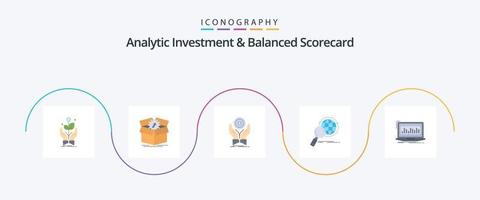 inversión analítica y cuadro de mando integral plano 5 paquete de iconos que incluye lupa. global. Progreso. ingreso. pila vector