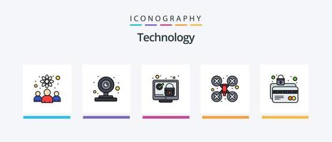 la línea de tecnología llenó el paquete de 5 íconos que incluye energía. juego. seguridad. controlador. seguro. diseño de iconos creativos vector