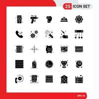 Mobile Interface Solid Glyph Set of 25 Pictograms of hard cap cap brain thinking mark Editable Vector Design Elements