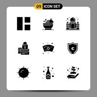 Mobile Interface Solid Glyph Set of 9 Pictograms of security payment building credit banking Editable Vector Design Elements