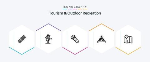 paquete de iconos de 25 líneas de turismo y recreación al aire libre que incluye hotel. mapa . ligero. localización. carpa vector