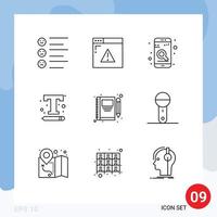 Mobile Interface Outline Set of 9 Pictograms of book text settings app text font Editable Vector Design Elements