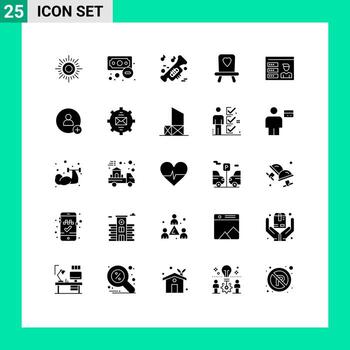 25 glifos sólidos vectoriales temáticos y símbolos editables de añadir elementos de diseño vectorial editables de silla de perfil de música de usuario vector