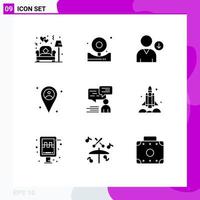 Universal Icon Symbols Group of 9 Modern Solid Glyphs of user communication down chat map Editable Vector Design Elements