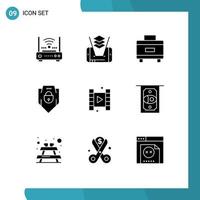 Group of 9 Modern Solid Glyphs Set for film video holiday web security password Editable Vector Design Elements