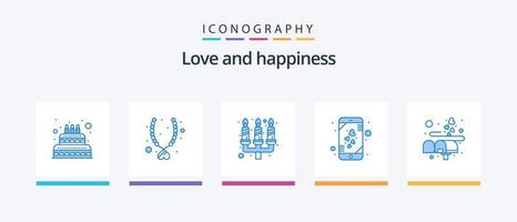 amor azul 5 paquete de iconos que incluye letra. teléfono inteligente vela. móvil. corazón. diseño de iconos creativos vector