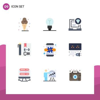 User Interface Pack of 9 Basic Flat Colors of development coding app code develop Editable Vector Design Elements