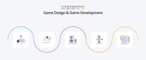 Game Design And Game Development Flat 5 Icon Pack Including develop. build. quest. sound. microphone vector