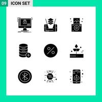 Pack of 9 Modern Solid Glyphs Signs and Symbols for Web Print Media such as percent add camera storage server Editable Vector Design Elements