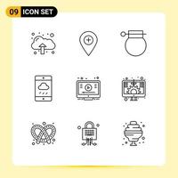 9 User Interface Outline Pack of modern Signs and Symbols of learn weather army cloud weapon Editable Vector Design Elements