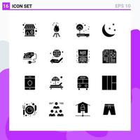 Pack of 16 Modern Solid Glyphs Signs and Symbols for Web Print Media such as electric moon access half moon router Editable Vector Design Elements