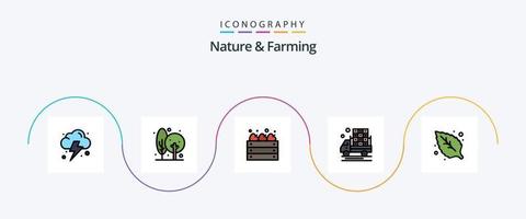 la naturaleza y la línea agrícola llenaron el paquete de iconos planos 5, incluido el verde. camión. agricultura. agricultura. agricultura vector