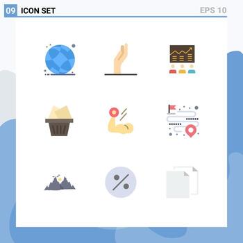 Flat Color Pack of 9 Universal Symbols of biceps mail arrow cart graph Editable Vector Design Elements